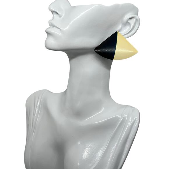 Geometric Two-Tone Cone Earring - Vintage Cream & Navy Statement Jewelry Pendant - Picture 2 of 8